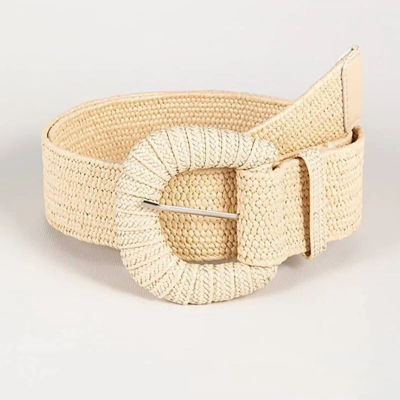 Bohemian Style Hand-woven Black and White Round Buckle Women Belts Designer Woven Elastic PP Straw Grass Girls Waistband