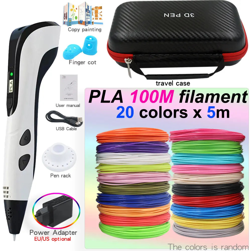 Kids' 3D Printing Pen Set with LED Display - Includes 200M PLA Filament, Power Adapter, and Storage Case - Perfect Gift for Christmas or Birthdays!