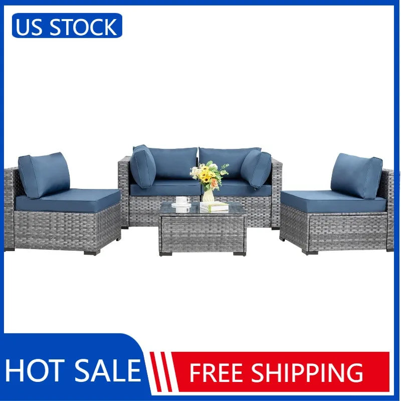 Shintenchi 5 Pieces Outdoor Patio Sectional Sofa Couch, Silver Gray PE Wicker Furniture Conversation Sets with Washable Cushions