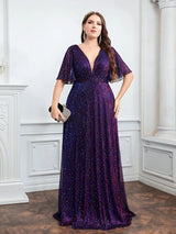 Sequin Evening Dress For Wedding Bridesmaid Plus Size Female Purple Plunging Neck Butterfly Sleeve Glitter Party Lady Dress