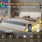 Bed Frame, Large with Headboard, Modern Upholstered Platform, LED Bed Frame, With LED Lights, Wavy Curve,Large Thin Platform Bed