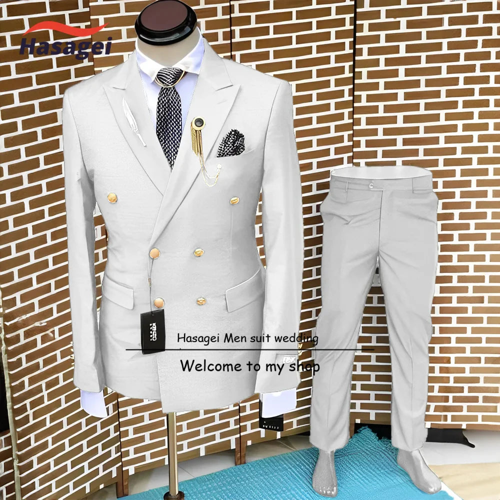 Formal Suit for Men Wedding Tuxedo Double-breasted Jacket and Pants 2-piece Set Business Blazer Gold Buttons Suit Groom