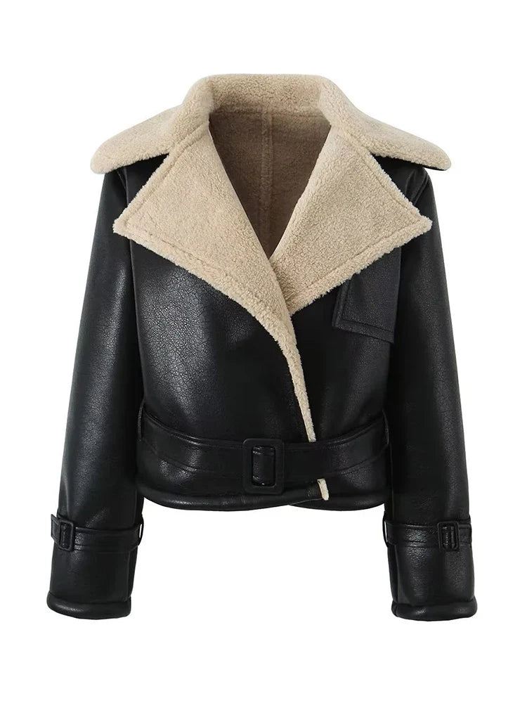 Winter Autumn Streetwear  New Women's Sheepskin Lamb Fur Coat Outerwear Lapel Collar Motorcycle Jacket Short Faux Leather Jacket