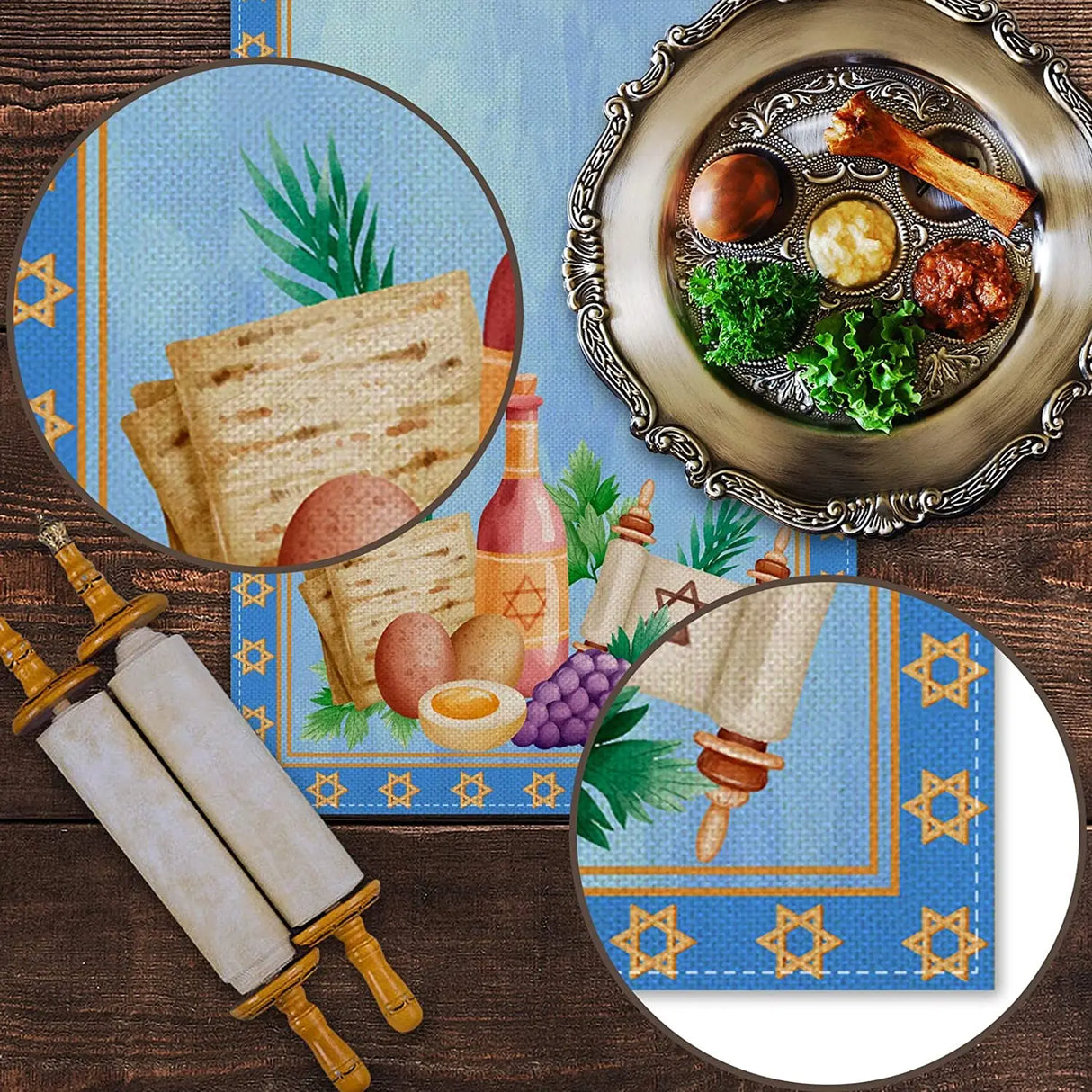 Passover Linen Table Runner Pesach Seder Matzoh Red Wine Star of David Jewish Table Runner Holiday Party Dinning Decoration