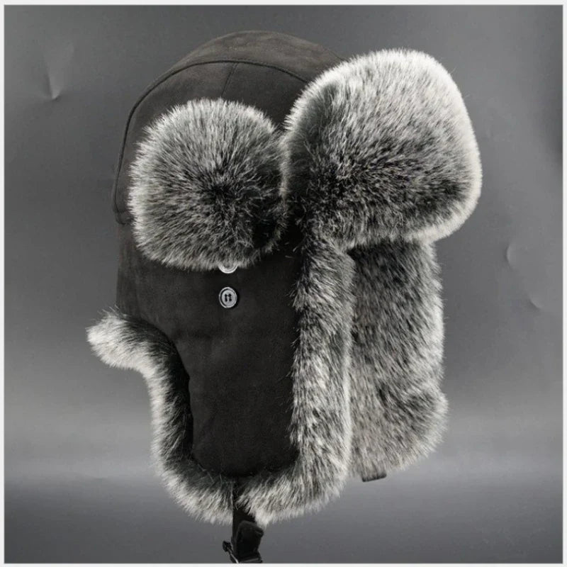 Winter Russian Man & Woman Wholeskin Natural Rex Rabbit Fur Hats Luxury Real Sheep Skin Leather Cap Unisex Real Fur Bomber Hat