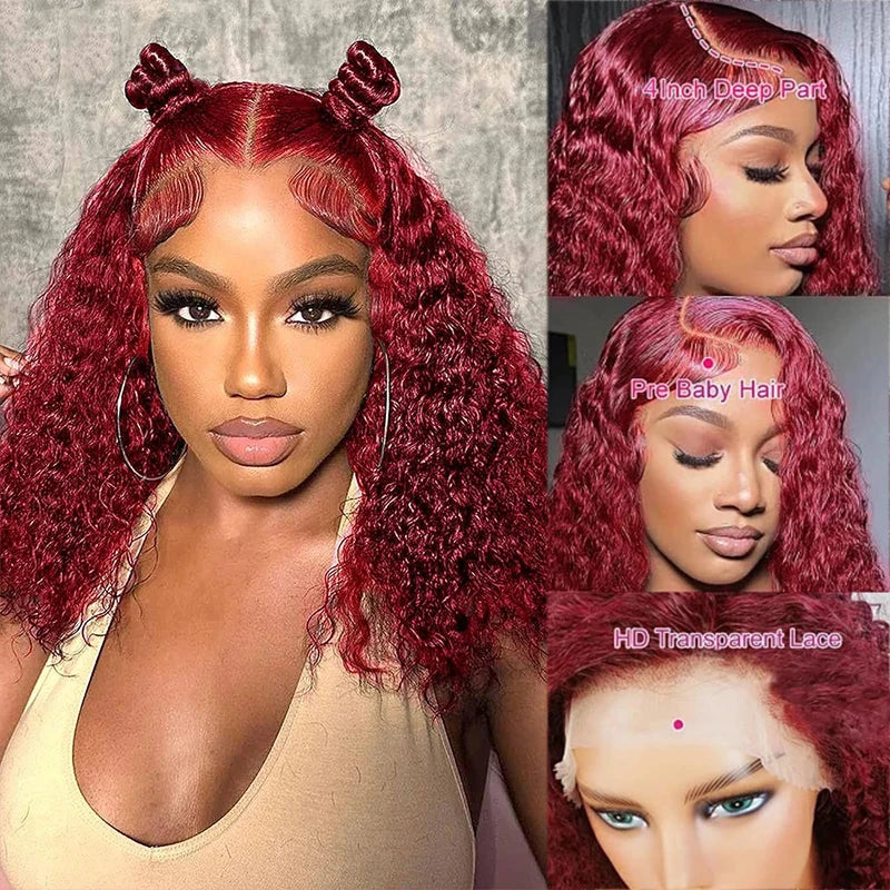 99J Burgundy Deep Wave Red Water Bob Wigs Glueless Human Hair Wigs 13x4 HD Transparent Lace Frontal Wigs Curly Wigs For Women