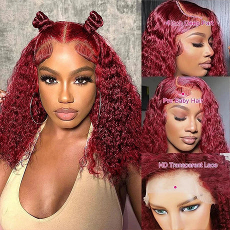 99J Burgundy Deep Wave Red Water Bob Wigs Glueless Human Hair Wigs 13x4 HD Transparent Lace Frontal Wigs Curly Wigs For Women