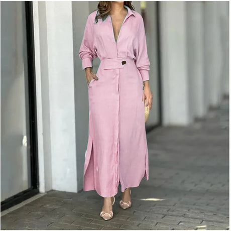 Plus Size 2023 Autumn Women Dress White Casual V Neck Lapel Long Sleeve Dress Woman Long Skirt Pocket Lady Eleagnt Dresses Party