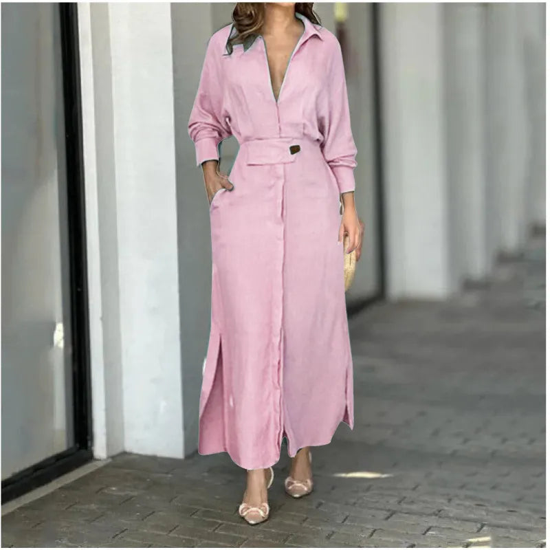 2023 Autumn Plus Size Women Dress Solid Casual V Neck Lapel Long Sleeve Dress Woman Long Skirt Pocket Lady Streetwear Dresses