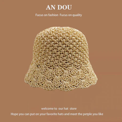 Spring Summer Korean Sweet Big Brim Straw Sun Hat Women Seaside Sunshade Sunscreen Straw Bucket Hat Basin Hat