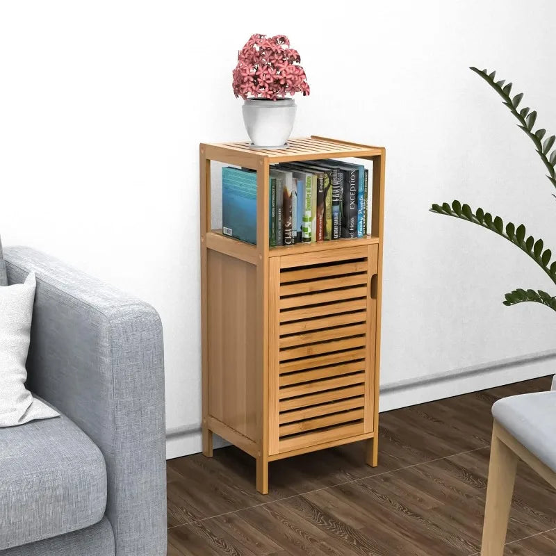 Purbambo Bathroom Bamboo Storage Cabinet, Freestanding Floor Cabinet with Door and Shelf for Bathroom, Living Room, Bedroom,