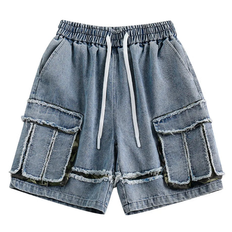 Streetwear Men Denim Shorts Tassel Three-dimensional Pocket Short Jeans Vintage Washed Drawstring Pants Casual High Street Pants