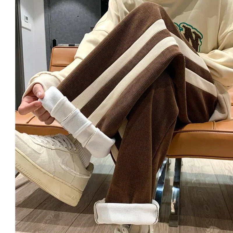 Fleece Thicken Corduroy Wide-leg Pants Men's Harajuku High Street Side Stripes Pants Casual Straight Elastic Waist Sweatpants