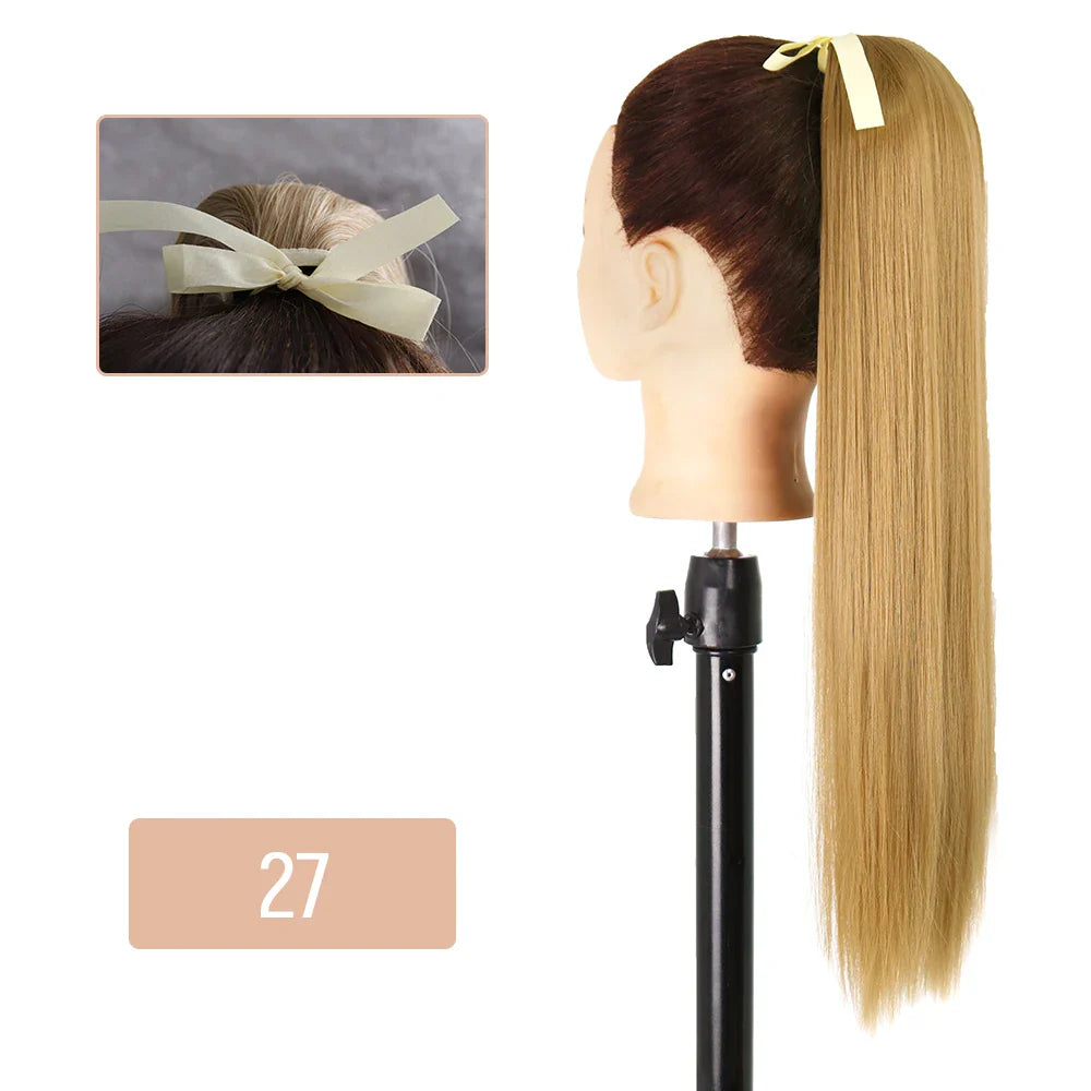 AZQUEEN 55CM Long Straight Bow Tie Ponytail Clip In Hair Extension Natural Brown Blonde Synthetic Pony Tail Hairpieces For Women