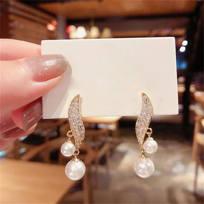 2023 New Classic Elegant Imitation Double Pearl Dangle Earrings For Women Crystal Long Tassel Drop Earring Wedding Jewelry Gifts