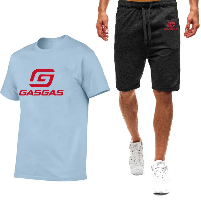 Motorcycles GasGas Summer Men's Sportswear Shorts Set Short Sleeve Breathable Grid T-Shirt Shorts Casualwear Basketball Training