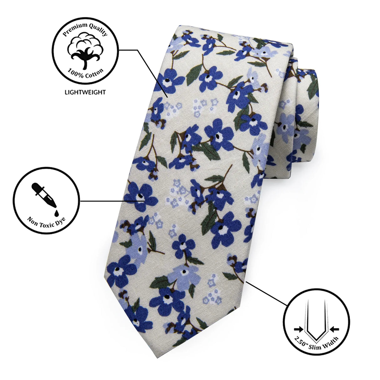 Yourties Men's Cotton Champagne Necktie with Clip Pocket Square Set for Wedding Business Causal Blue Floral Print Tie for Man