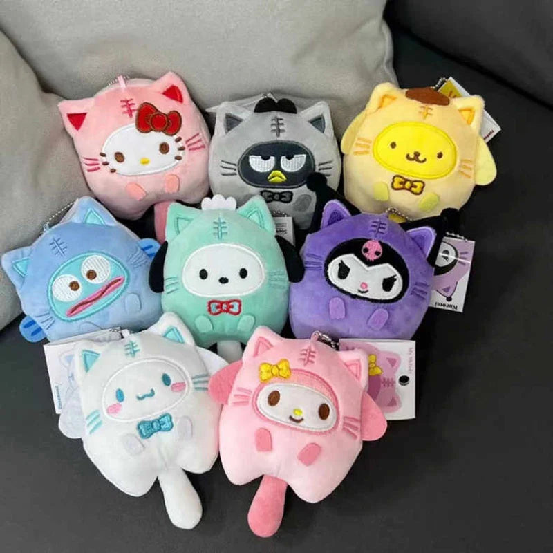 Sanrio Cat Cross Dressing Plush Keychain Cartoon Anime Pendant Kuromi Melody Pompompurin Hangyodon Plushie 키링 Kawaii Bag Decor