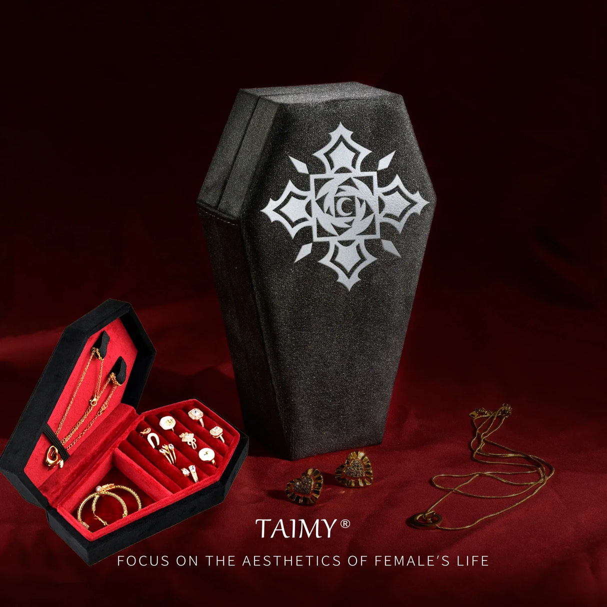 TAIMY Gothic Velvet Jewelry Coffin Shape Ring Necklace Storage Box Logo Custom Display Packaging Case Travel Hip Hop Rap Boxes