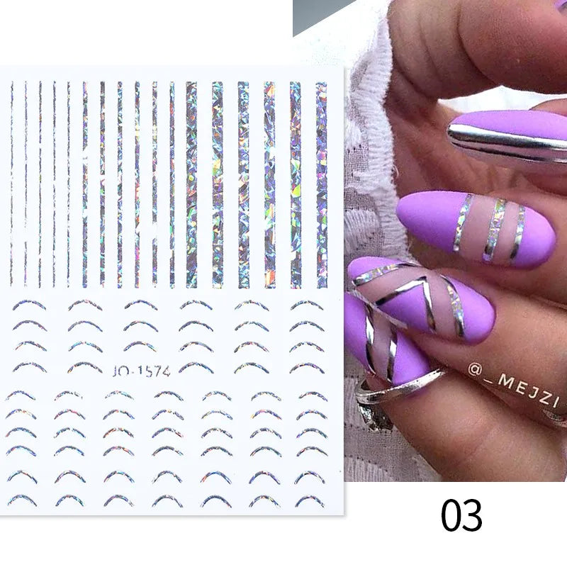 3D Silver Frame Nail Sticker Silver Bronzing Stripe Lines Sliders For Nails Tribal Pattern Decals Marble Blooming Nail Tattoos