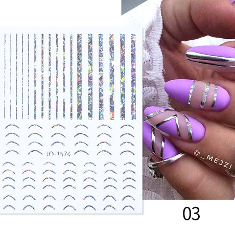 3D Silver Frame Nail Sticker Silver Bronzing Stripe Lines Sliders For Nails Tribal Pattern Decals Marble Blooming Nail Tattoos