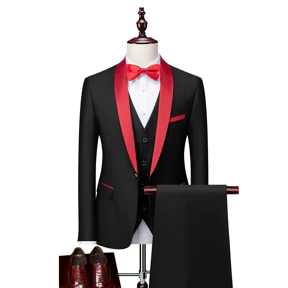 Men Skinny 3 Pieces Set Formal Slim Fit Tuxedo Prom Suit / Male Groom Wedding Blazers High Quality Dress Jacket Coat Pants Vest