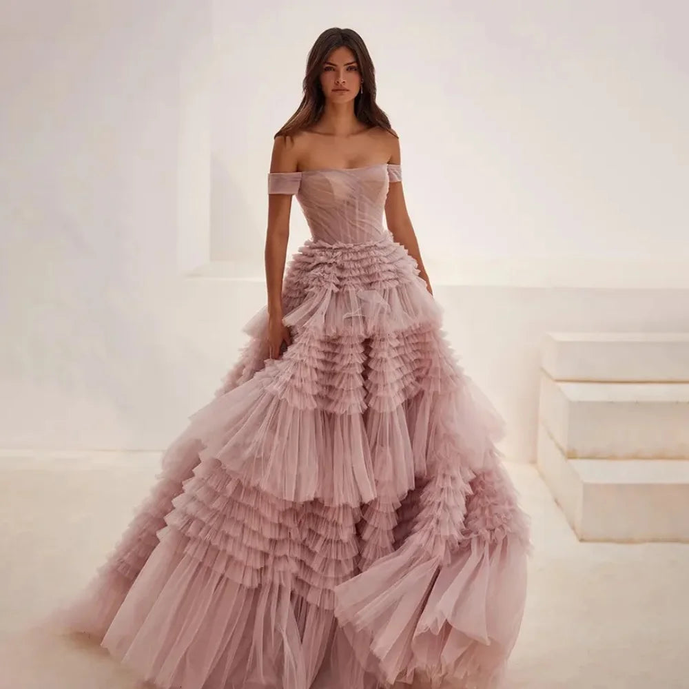 Off-the-shoulder Layered Prom Dresses فساتين السهرة 2024Pink Tulle Ruffle A-line Formal Occasion Party Dress Vestidos De Noche