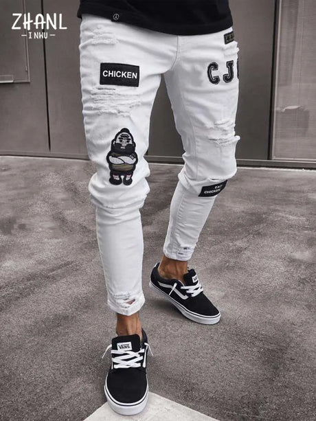 White Embroidery Jeans Men Cotton Stretchy Ripped Skinny Jeans High Quality Hip Hop Black Hole Slim Fit Oversize Denim Pants