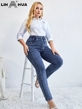 LIH HUA Women's Plus Size Jeans Autumn High Stretch Cotton Knitted Denim Trousers Casual  Jeans