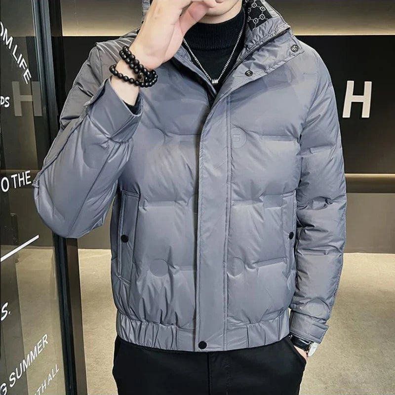 Men Short Lightweight Down Jacket Winter Warm Down Coat Korean Loose White Duck Down Big Pockets Zipper Long Sleeve Outerwear