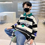 Spring Autumn Boys Cotton Contrast Striped Alphabet Turtleneck Sweatshirt School Kids Track Pullover Tops Child Jumper 7-16 Yrs