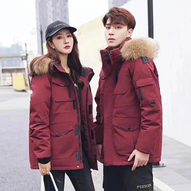 Winter Canada Warm Down Coat Men Puffer Jacket Hooded Down Jacket Warm Thicken Couple Clothing Fur Collar Loose Outerwear New