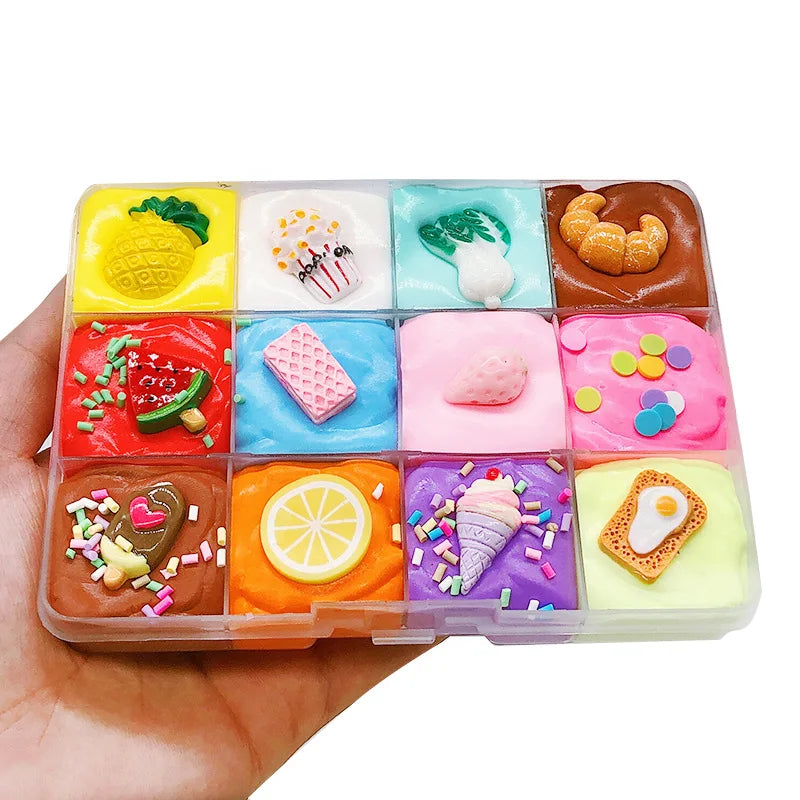 12-Color DIY Rainbow Slime Set Squishy Mixing Antistress Colorful Cute Fruit Candy Toys Box Richly Cartoon Model Slime Kids Toys