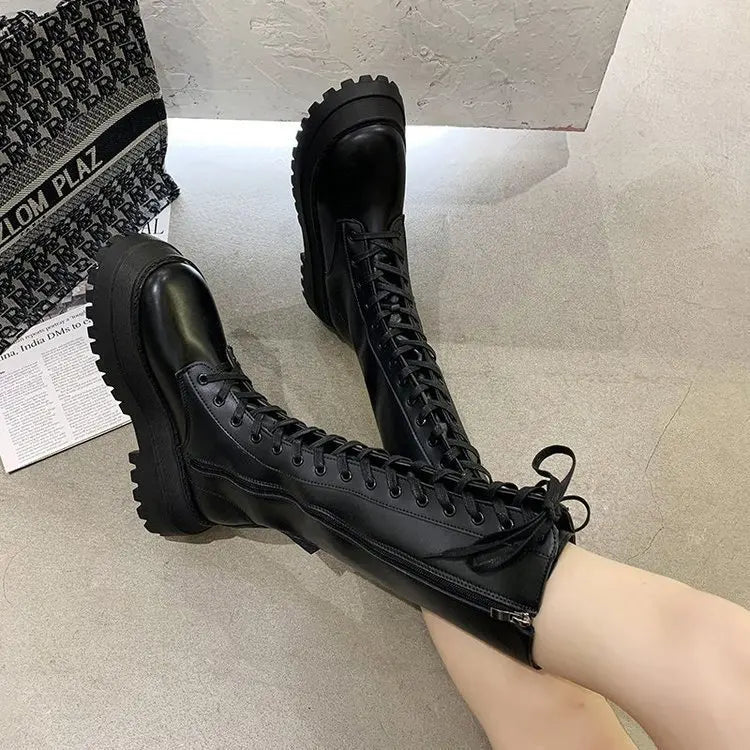 Women Motorcycle Boots Wedges Flat Shoes Woman High Heel Platform PU Leather Boots Lace Up Women Shoes Black Boots Girls