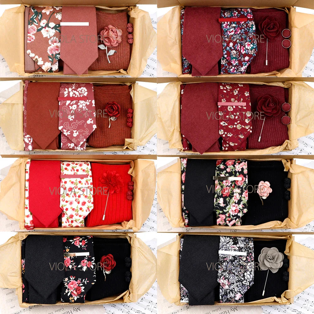 Viola Design Gift Box Hot Solid Floral Cotton Sock Necktie Set Clip Cufflinks Pin Hanky Men Wedding Party Daily Cravat Accessory