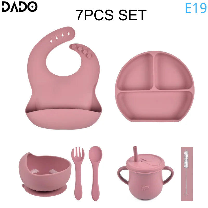 Baby Feeding Set Silicone Suction Bowls Divided Plates Straw Sippy Cup Toddler Self Eating Utensils Dishes Kit Bibs Spoons Fork