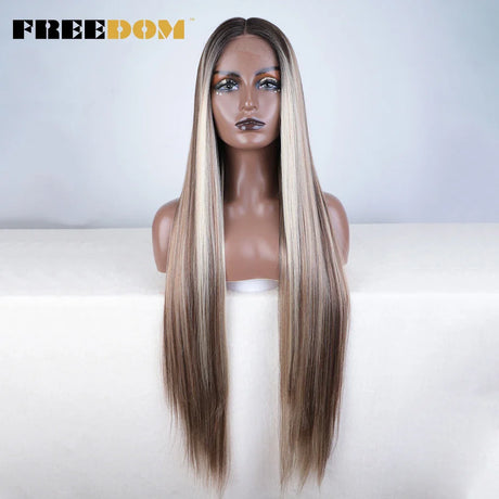 FREEDOM Synthetic Lace Front Wigs For Women Super Long 38Inch Ombre Blonde Highlight Ginger Straight Lace Wigs Cosplay Wigs