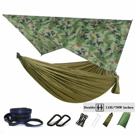 Oversized Double 118inx79in Hammock with Tree Straps and Rain Fly, Indoor Outdoor Backpacking Survival & Travel Camping Hammock