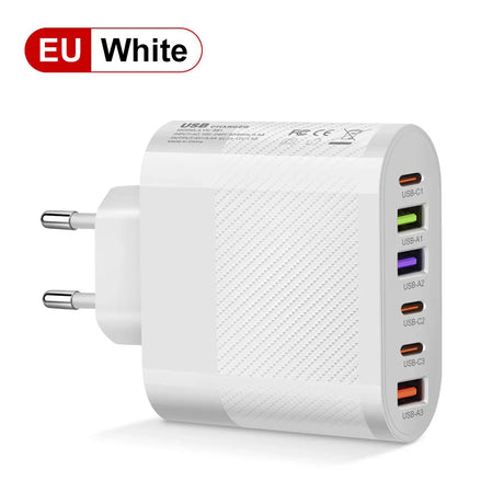 65W USB C Charger Multiple 6 Ports Type C PD Fast Charging Mobile Phone Wall Adapter for iPhone 14 15 Pro Xiaomi Samsung Oneplus