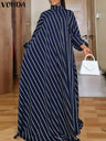 Plus Size 5XL VONDA Elegant Striped Maxi Dress Women High Neck Elegant Long Sundress Long Puff Sleeve Printed Vestidos