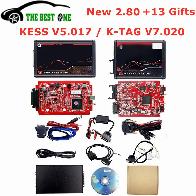 Online 2.80 EU Red Kess V5.017 OBD2 Manager Remap Kit KTAG V7.020 4 LED BDM Frame 22pcs Adapters K-TAG 2.25 ECU Flash Tool