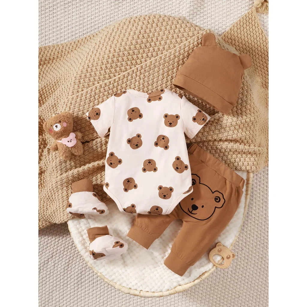 0-9 Months Newborn Baby Boy 4PCS Clothing Set Bear Print Short Sleeve Bodysuit+Pants+Hat+Sock Cute Baby Photograph Outfit