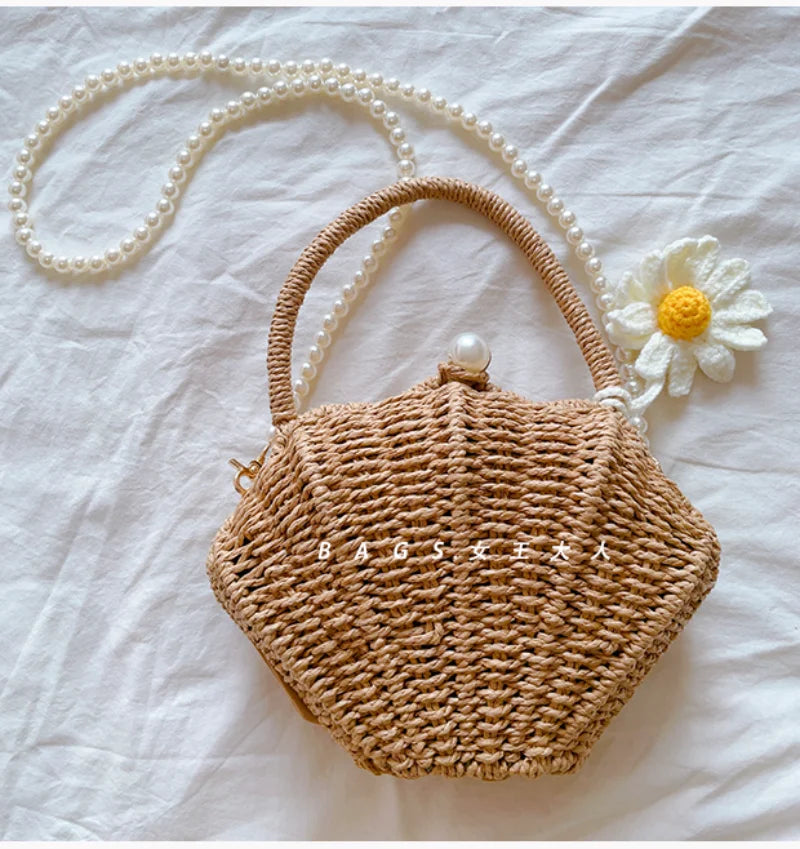 Shell rattan straw woven diagonal cross small bag, cute fairy change, mobile phone, fashionable woven beach bag