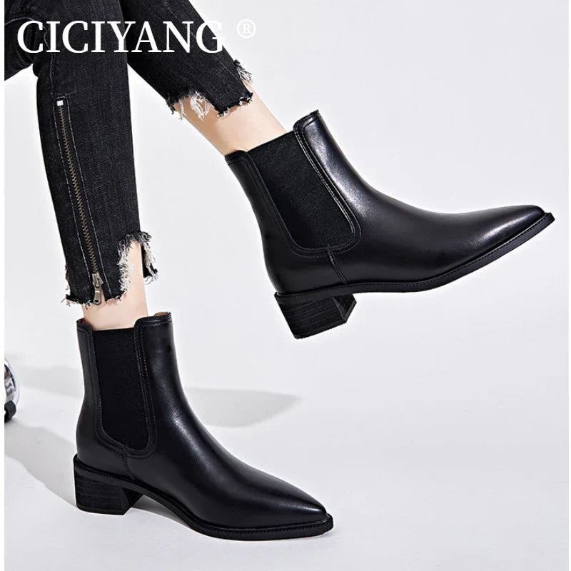 CICIYANG Pointed Chelsea Boots Women Genuine Leather Chimney Boots 2024 Spring New Thick Heel Fur Casual Black Ankle Boot Ladies