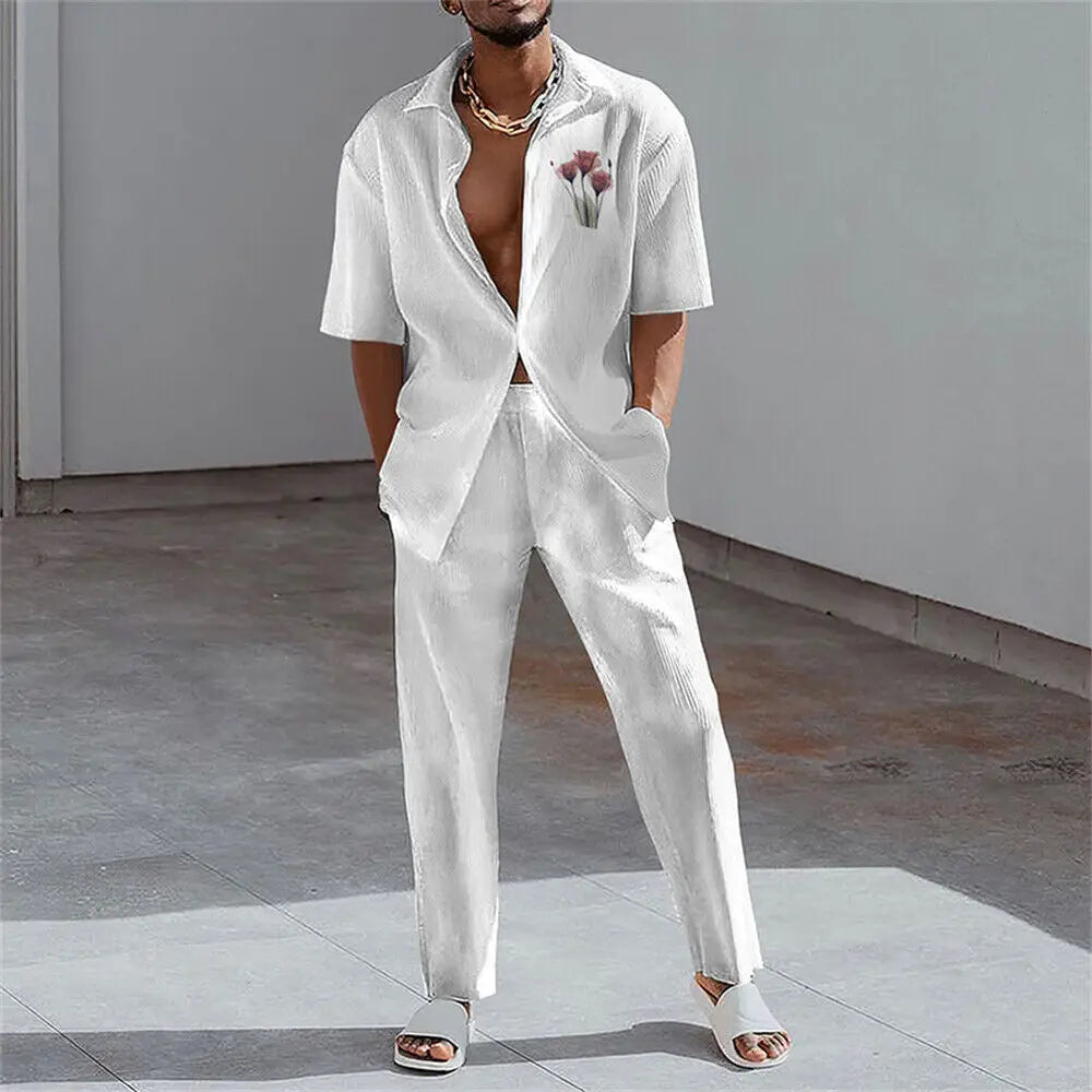 2023 Fashion 3D Print Two Piece Set Men Summer Short Sleeve Lapel Shirts Top And Pants Casual Suit Streetwear Mens Outfit