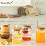 4PCS Creative Glass Cup with Lid Straw Heat-resistant Wave Cup Beer Juice Ice Coffee Cups Cocktail Fruit Bubble Glass Drinkware