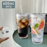 2pcs 600ml Stripe Glass Cup with Lid and Straw Transparent Drinking Glasses for Juice Water and Iced Coffee Cups Drinkware Mug