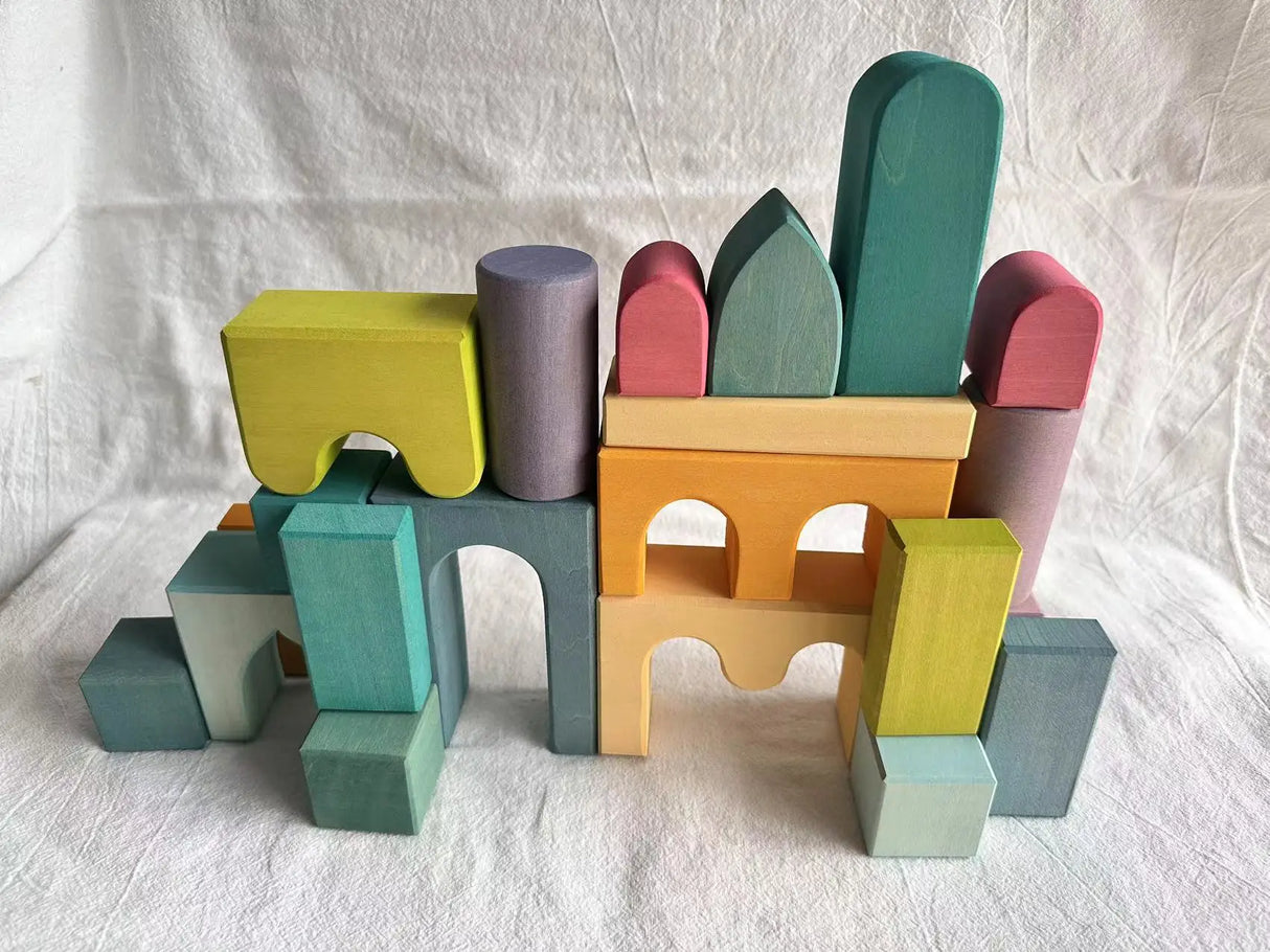 Kids Wooden Toys Pastel Nordic Buiding Blocks Stacking Crochet House  Animals Rainbow Forest Trees