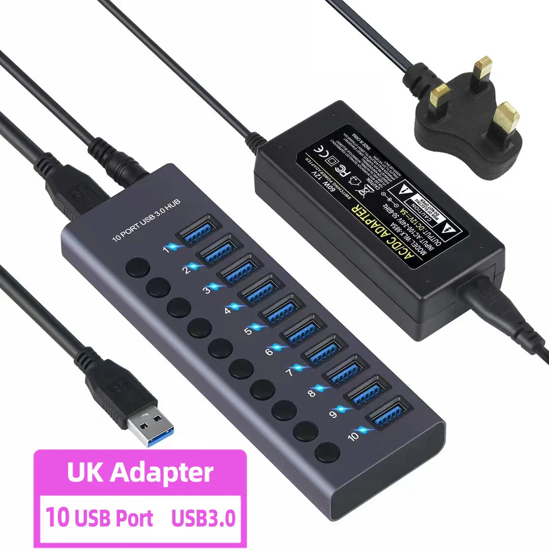 Metal USB 3.0 Hub Multi USB Splitter 4/7/10Ports Use Power Adapter Multiple Expander 2.0 Hub With Switch For Laptop Accessoriess