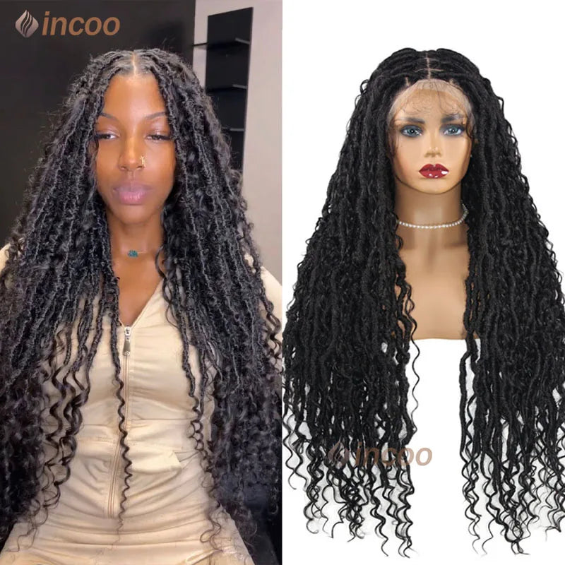 32" Synthetic Full Lace Front Wigs Locs Braided Wig With Curly Hair Pre Pluck Box Twisted Braided Wigs Goddess Boho African Wigs